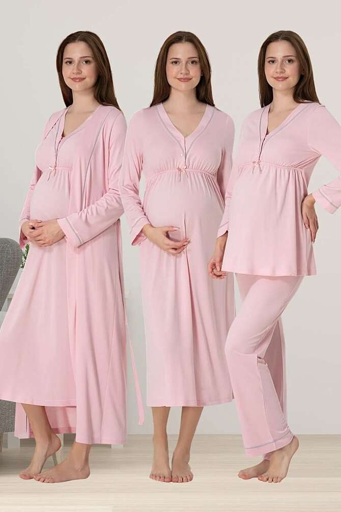Pembe Hamile Lohusa Sabahlıklı Gecelik ve Pijama Takımı – Lohusa Seti - 1