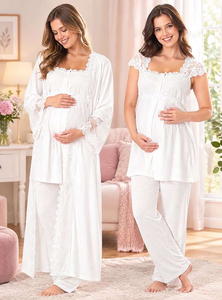 Ekru Dantelli Hamile Lohusa Sabahlıklı Emzirme Özellikli Pijama Takımı - 1