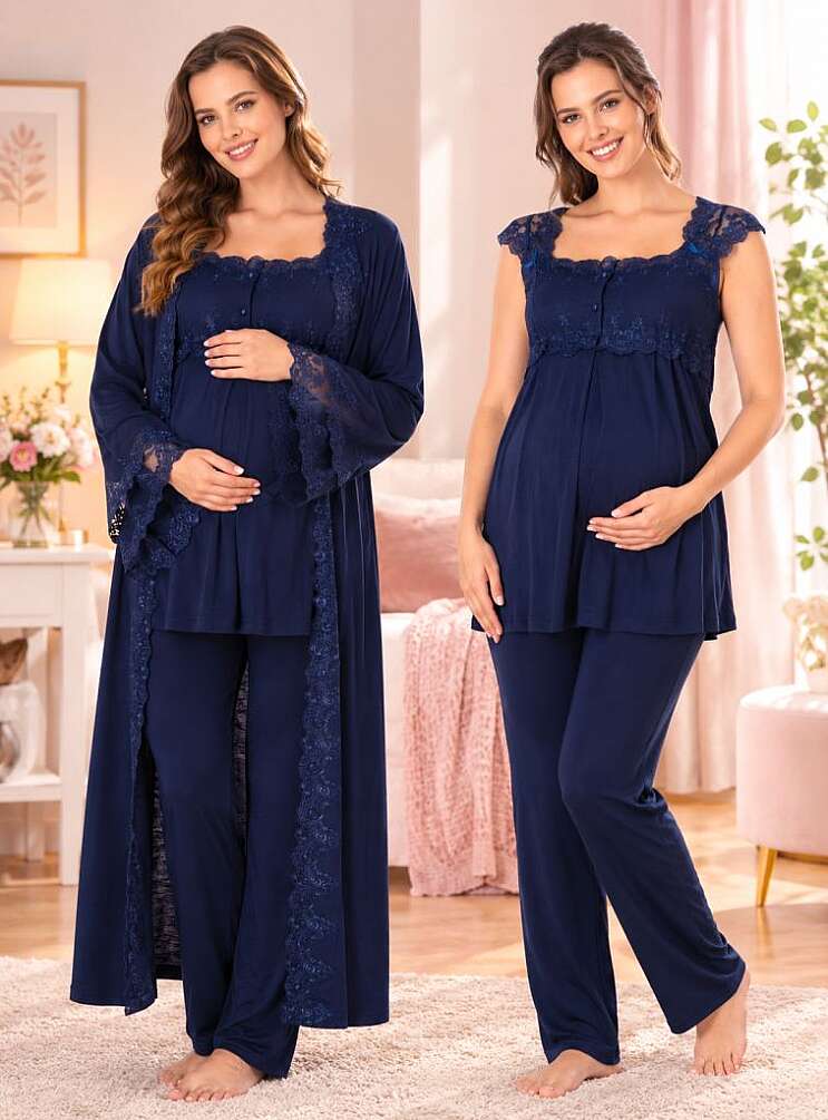Lacivert Dantelli Hamile Lohusa Sabahlıklı Emzirme Özellikli Pijama Takımı - 1