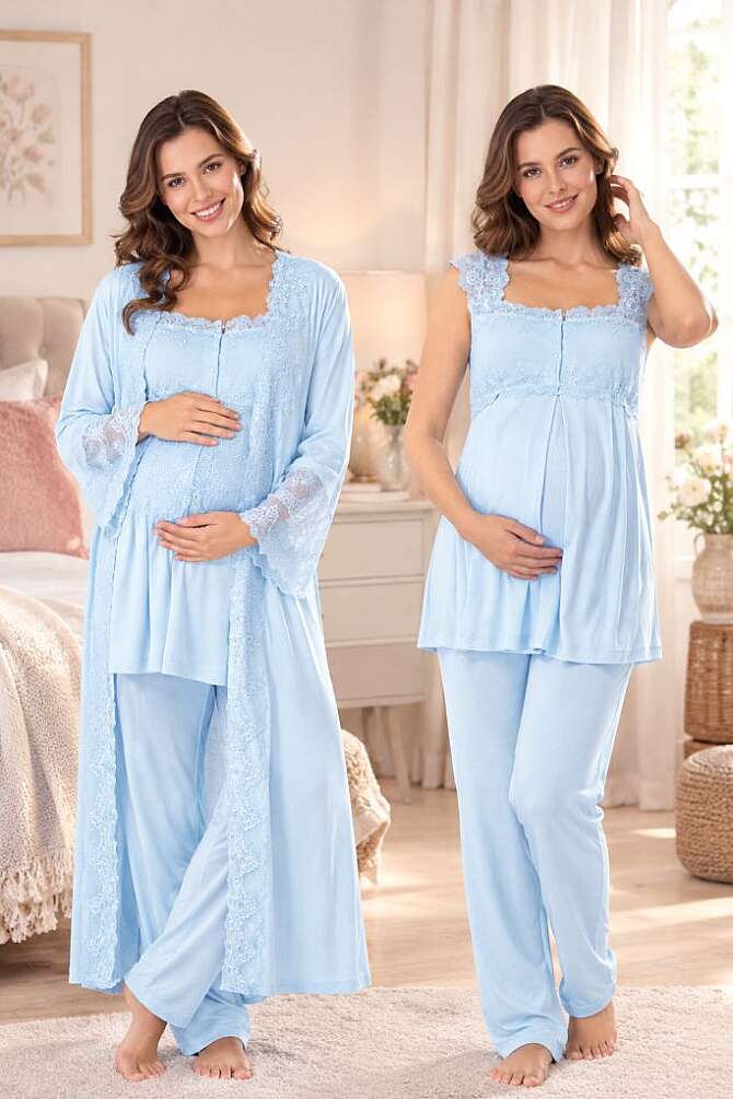 Mavi Dantelli Hamile Lohusa Sabahlıklı Emzirme Özellikli Pijama Takımı - 1