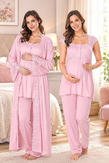 Pembe Dantelli Hamile Lohusa Sabahlıklı Emzirme Özellikli Pijama Takımı