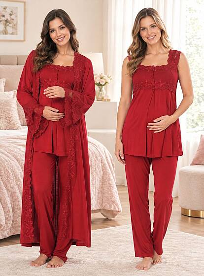 Vişne Dantelli Hamile Lohusa Sabahlıklı Emzirme Özellikli Pijama Takımı