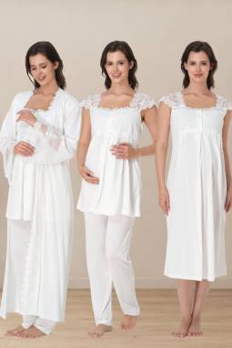Effortt - Ekru Hamile Lohusa Sabahlıklı Pijama ve Gecelik Takım Set