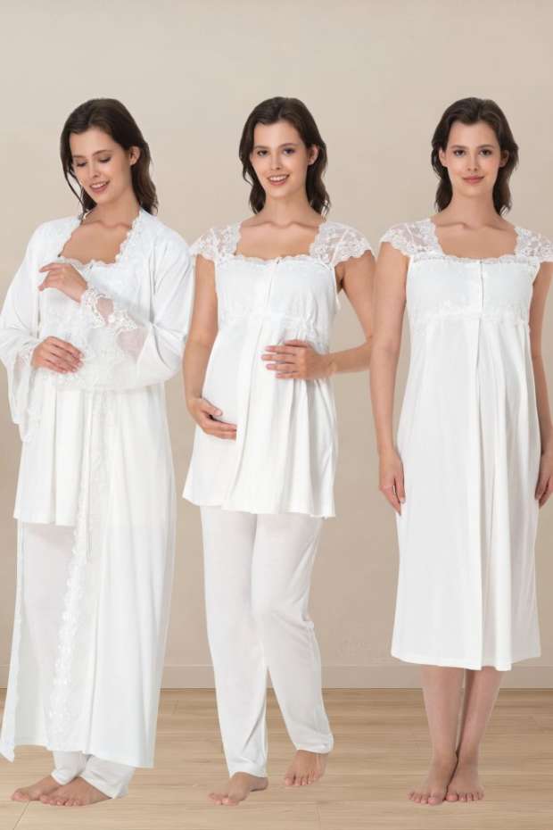 Effortt - Ekru Hamile Lohusa Sabahlıklı Pijama ve Gecelik Takım Set