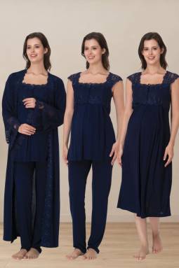Effortt - Lacivert Hamile Lohusa Sabahlıklı Pijama ve Gecelik Takım Set