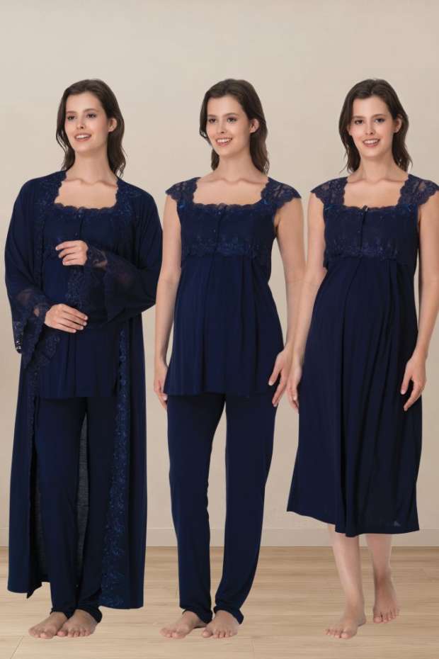 Effortt - Lacivert Hamile Lohusa Sabahlıklı Pijama ve Gecelik Takım Set