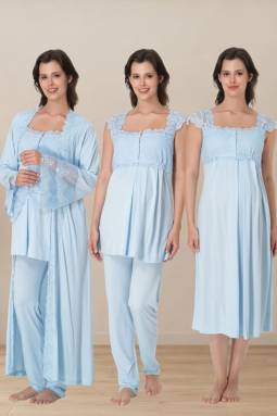 Effortt - Mavi Hamile Lohusa Sabahlıklı Pijama ve Gecelik Takım Set