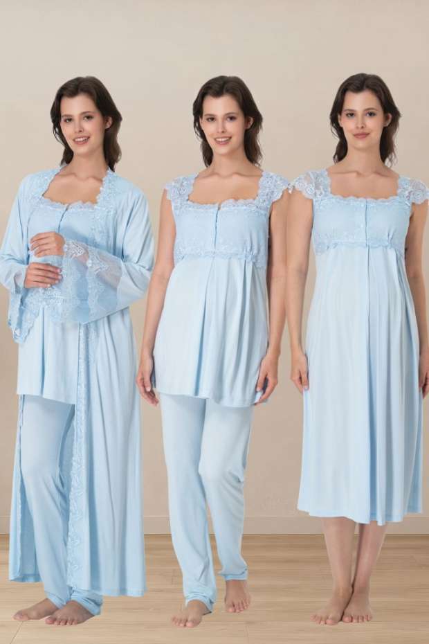 Effortt - Mavi Hamile Lohusa Sabahlıklı Pijama ve Gecelik Takım Set
