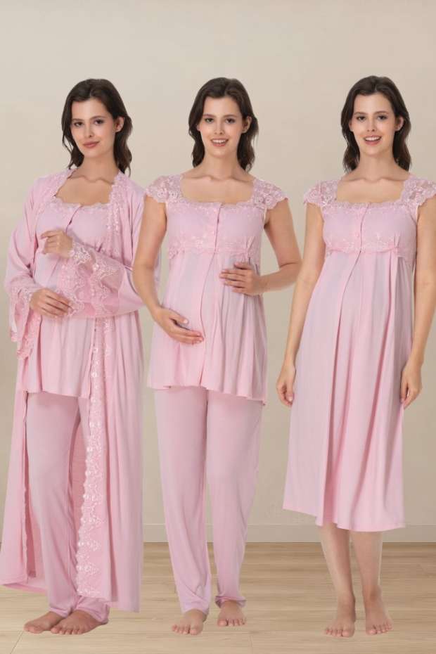 Effortt - Pembe Hamile Lohusa Sabahlıklı Pijama ve Gecelik Takım Set