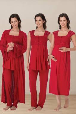 Effortt - Vişne Hamile Lohusa Sabahlıklı Pijama ve Gecelik Takım Set