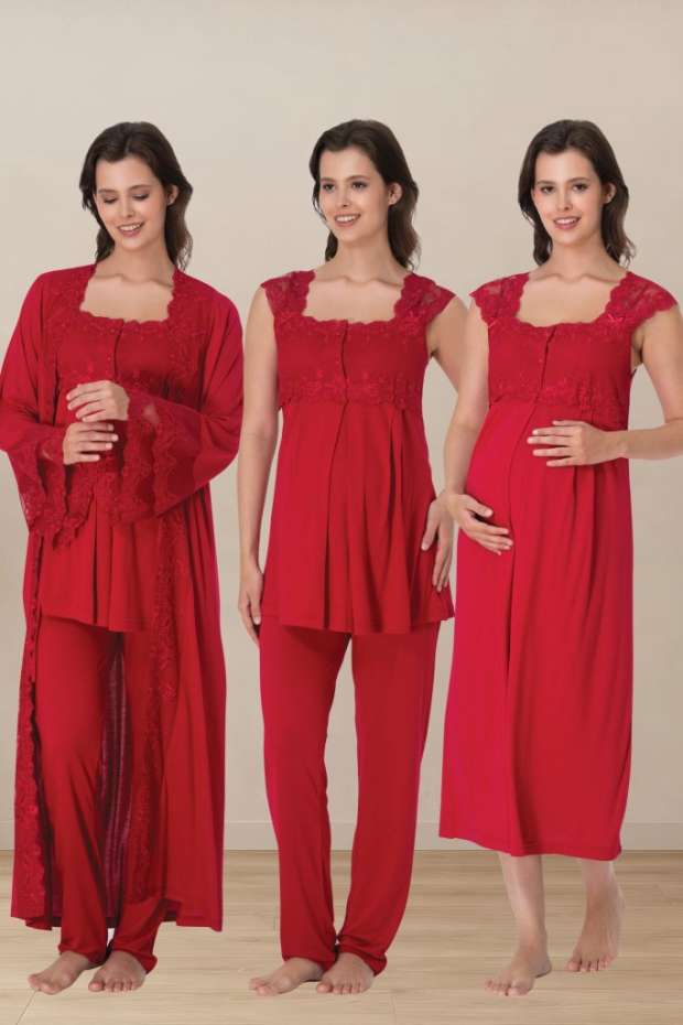 Effortt - Vişne Hamile Lohusa Sabahlıklı Pijama ve Gecelik Takım Set