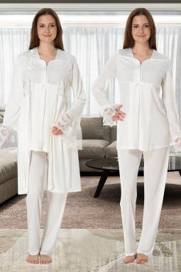 Effortt - Ekru Hamile Lohusa Sabahlıklı Pijama Takımı