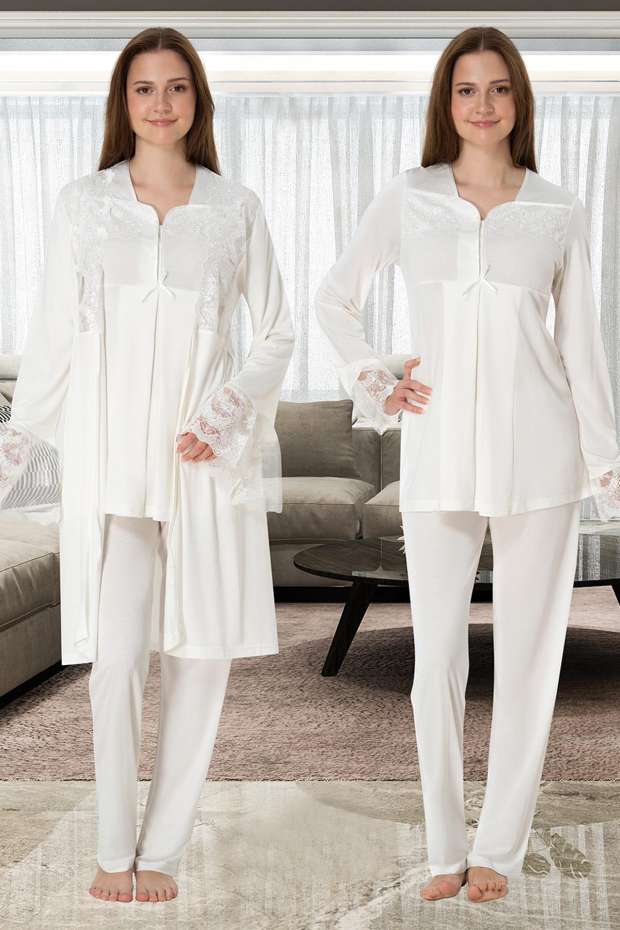 Ekru Hamile Lohusa Sabahlıklı Pijama Takımı