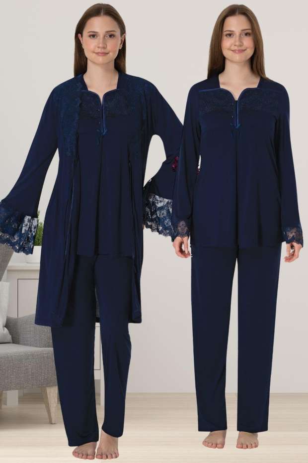 Lacivert Hamile Lohusa Sabahlıklı Pijama Takımı