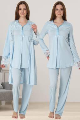 Effortt - Mavi Hamile Lohusa Sabahlıklı Pijama Takımı