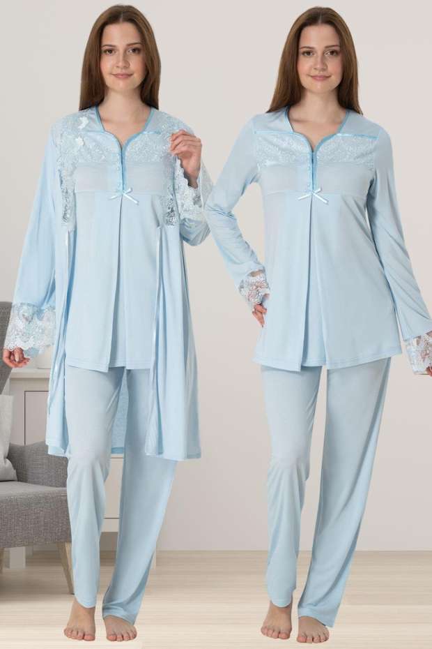 Mavi Hamile Lohusa Sabahlıklı Pijama Takımı