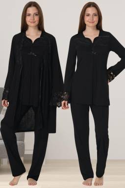 Effortt - Siyah Hamile Lohusa Sabahlıklı Pijama Takımı