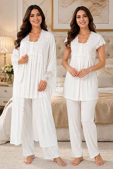 Ekru Hamile Lohusa Sabahlıklı Ayarlanabilir Bel Pijama Takımı 3lü Set