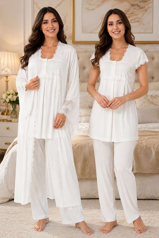 Ekru Hamile Lohusa Sabahlıklı Ayarlanabilir Bel Pijama Takımı 3lü Set - 1