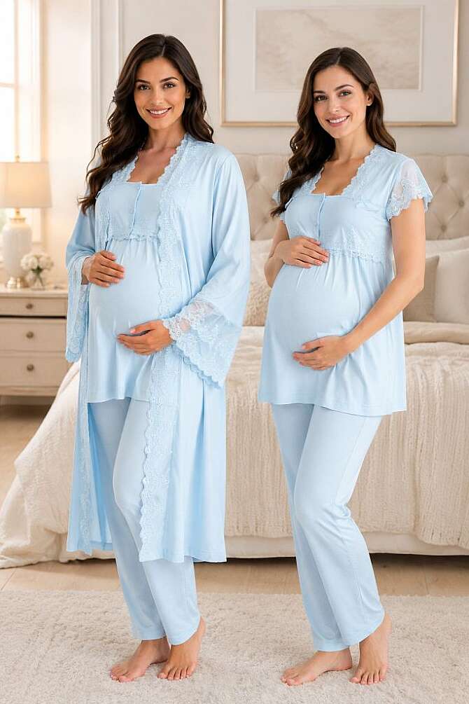 Mavi Hamile Lohusa Sabahlıklı Ayarlanabilir Bel Pijama Takımı 3lü Set - 1