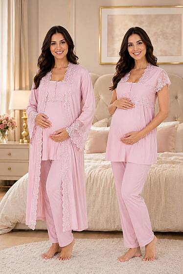 Pembe Hamile Lohusa Sabahlıklı Ayarlanabilir Bel Pijama Takımı 3lü Set 