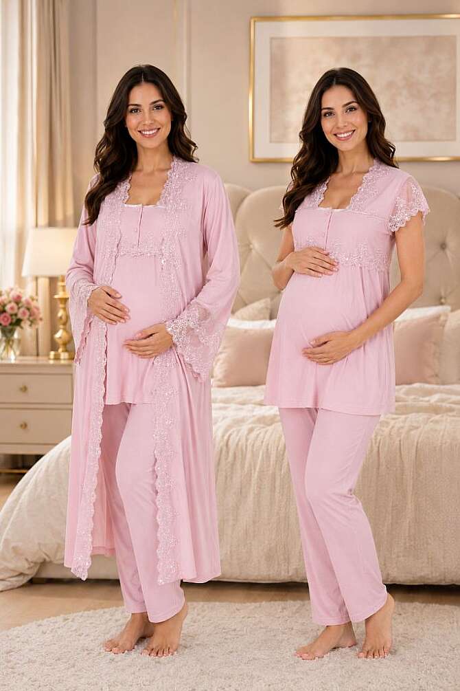 Pembe Hamile Lohusa Sabahlıklı Ayarlanabilir Bel Pijama Takımı 3lü Set - 1