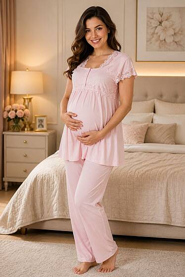 Pembe Hamile Lohusa Ayarlanabilir Bel Lastikli Pijama Takımı 