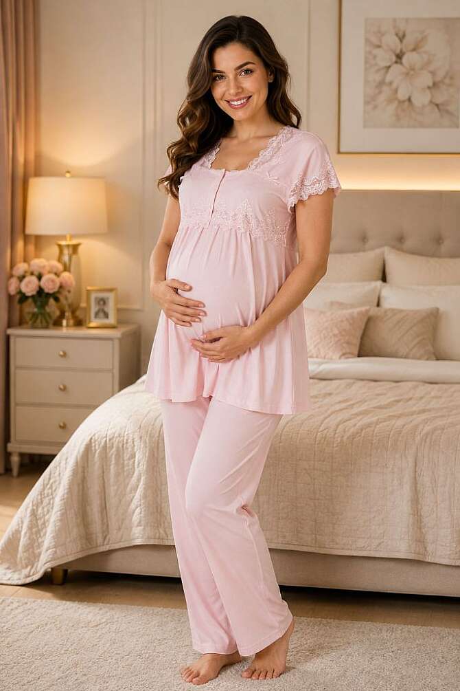 Pembe Hamile Lohusa Ayarlanabilir Bel Lastikli Pijama Takımı - 1