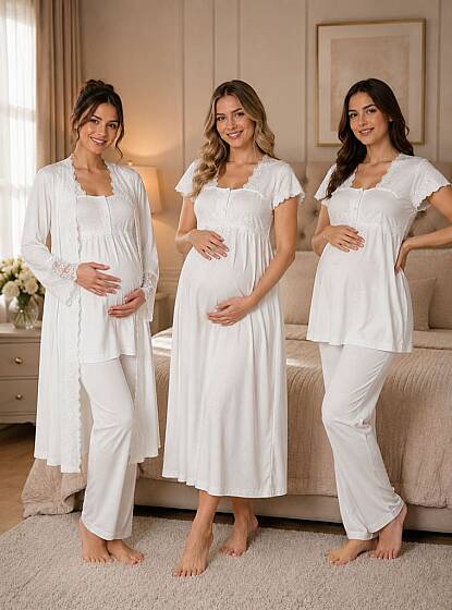 Ekru Hamile Lohusa Sabahlıklı Gecelik ve Pijama Takımı – 4 Parça Lohusa Seti