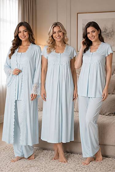Mavi Hamile Lohusa Sabahlıklı Gecelik ve Pijama Takımı – 4 Parça Lohusa Seti