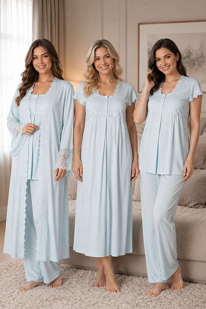 Mavi Hamile Lohusa Sabahlıklı Gecelik ve Pijama Takımı – 4 Parça Lohusa Seti - 1