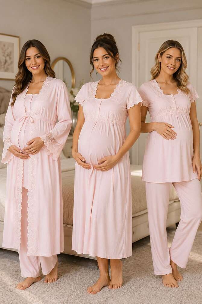 Pembe Hamile Lohusa Sabahlıklı Gecelik ve Pijama Takımı – 4 Parça Lohusa Seti - 1