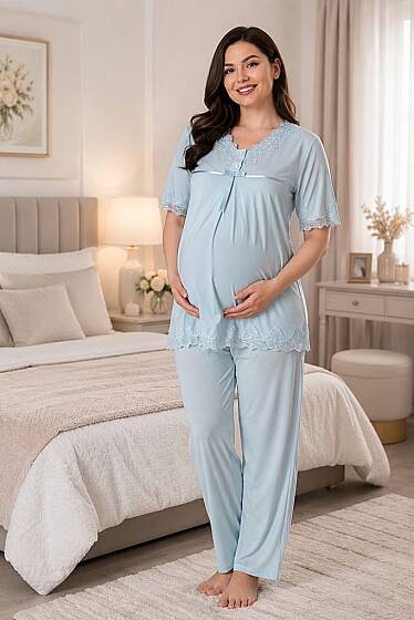 Mavi Hamile Lohusa Ayarlanabilir Bel Lastikli Pijama Takımı 