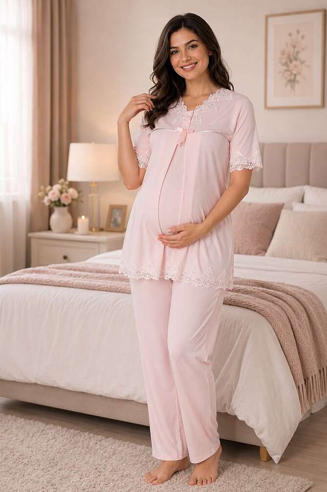 Pembe Hamile Lohusa Ayarlanabilir Bel Lastikli Pijama Takımı - 1
