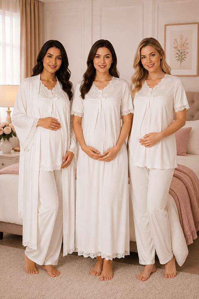 Ekru Hamile Lohusa Sabahlıklı Gecelik ve Pijama Takımı – 4 Parça Lohusa Seti - 1