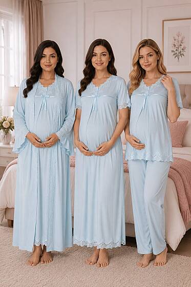 Mavi Hamile Lohusa Sabahlıklı Gecelik ve Pijama Takımı – 4 Parça Lohusa Seti 