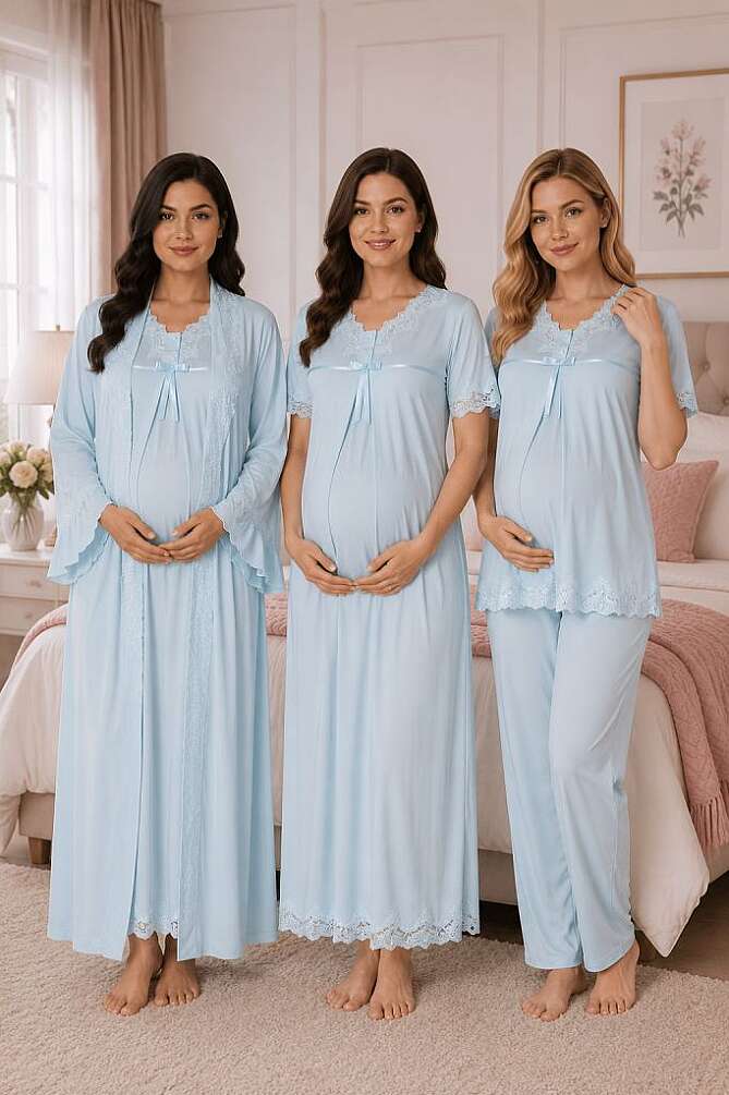 Mavi Hamile Lohusa Sabahlıklı Gecelik ve Pijama Takımı – 4 Parça Lohusa Seti - 1