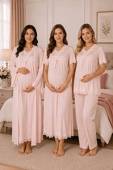 Pembe Hamile Lohusa Sabahlıklı Gecelik ve Pijama Takımı – 4 Parça Lohusa Seti 