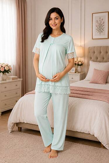 Mavi Emzirme Özellikli Pamuklu Hamile Lohusa Pijama Takımı