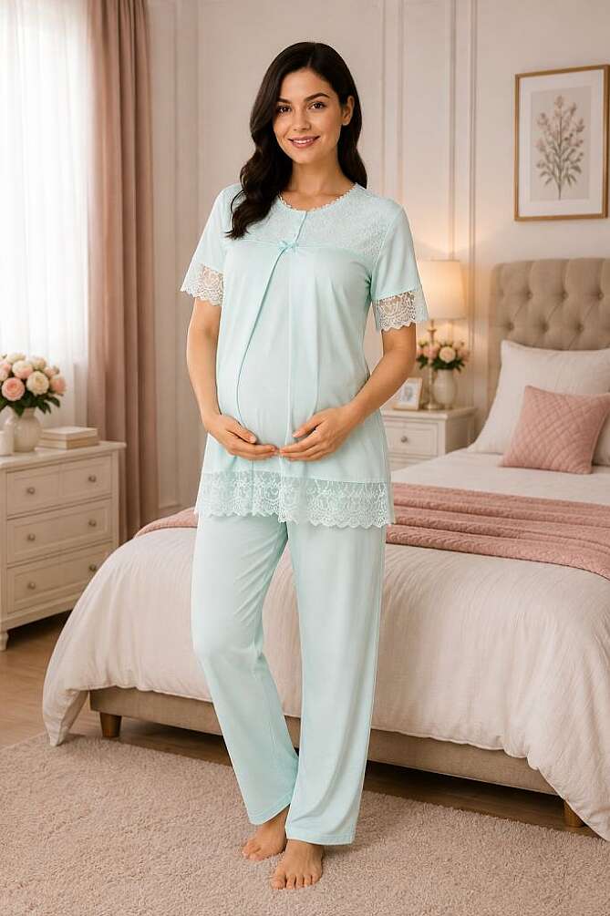 Mavi Emzirme Özellikli Pamuklu Hamile Lohusa Pijama Takımı - 1