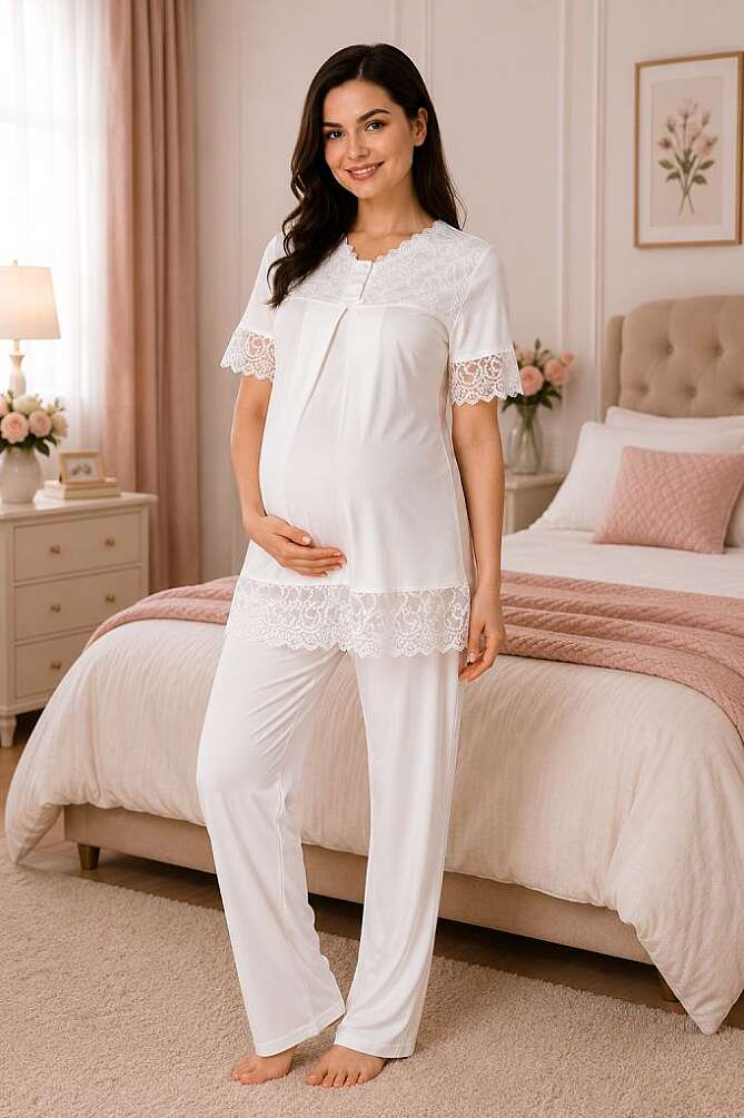 Ekru Emzirme Özellikli Pamuklu Hamile Lohusa Pijama Takımı - 1