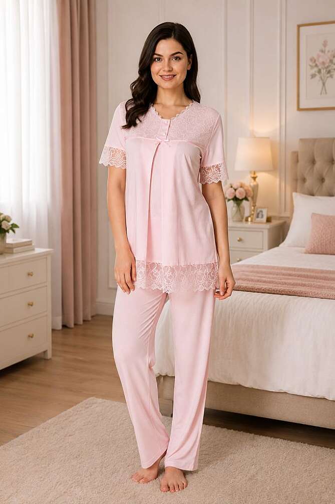 Pembe Emzirme Özellikli Pamuklu Hamile Lohusa Pijama Takımı - 1