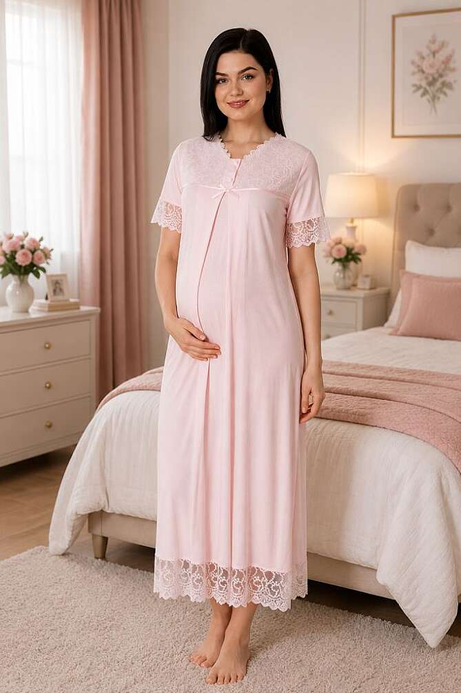 Pembe Pamuklu Emzirme Özellikli Hamile Lohusa Gecelik - 1