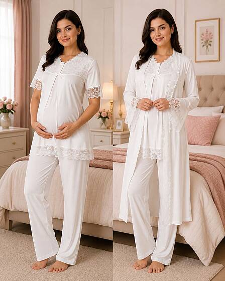 Ekru Hamile Lohusa Sabahlıklı Ayarlanabilir Bel Lastikli Pijama Takımı 3lü Set 