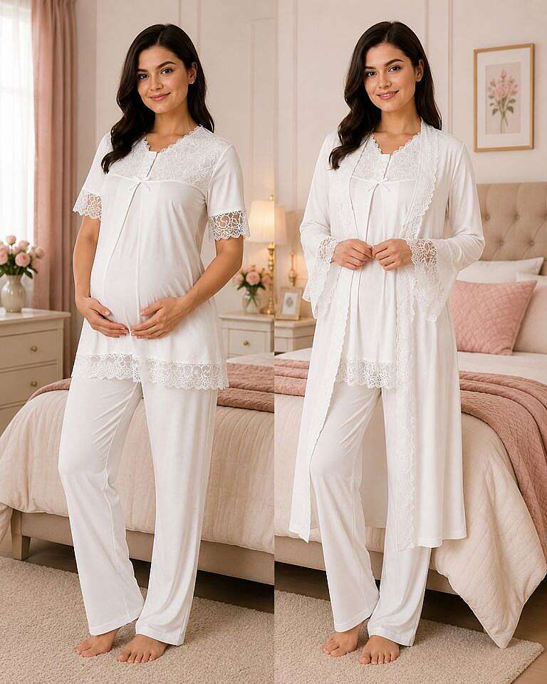 Ekru Hamile Lohusa Sabahlıklı Ayarlanabilir Bel Lastikli Pijama Takımı 3lü Set - 1