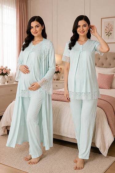 Mavi Hamile Lohusa Sabahlıklı Ayarlanabilir Bel Lastikli Pijama Takımı 3lü Set