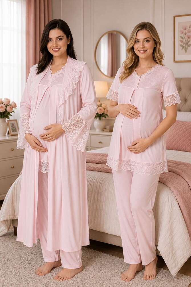 Pembe Hamile Lohusa Sabahlıklı Ayarlanabilir Bel Lastikli Pijama Takımı 3lü Set - 1