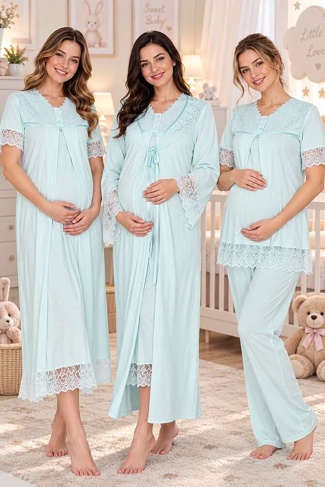 Mavi Hamile Lohusa Sabahlıklı Gecelik ve Pijama Takımı – 4 Parça Lohusa Seti - 1
