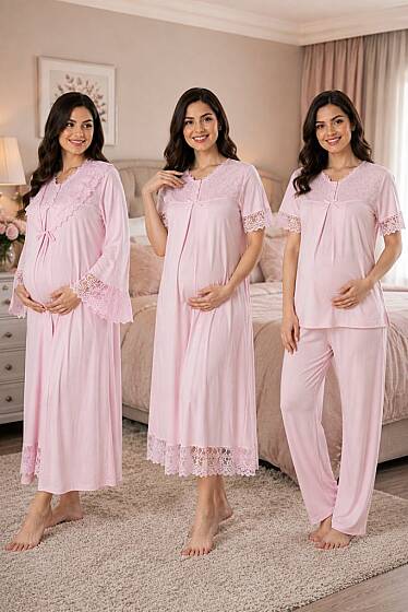 Pembe Hamile Lohusa Sabahlıklı Gecelik ve Pijama Takımı – 4 Parça Lohusa Seti