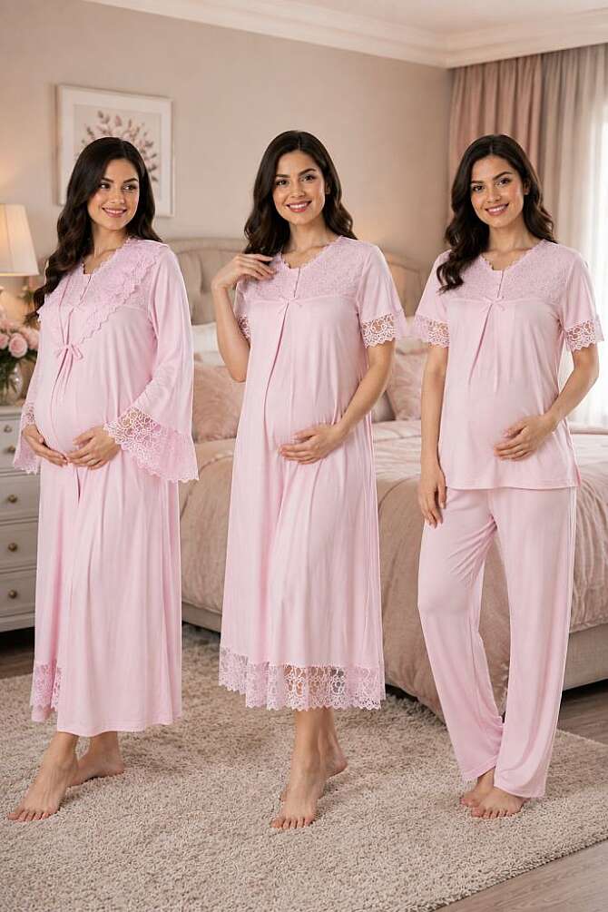 Pembe Hamile Lohusa Sabahlıklı Gecelik ve Pijama Takımı – 4 Parça Lohusa Seti - 1